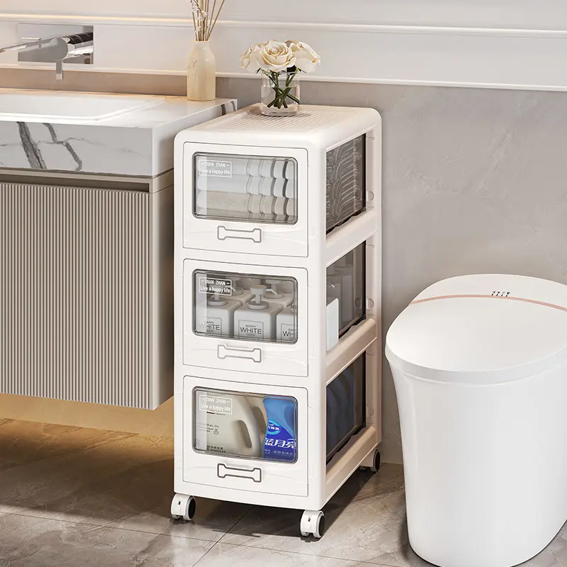 Compact Narrow-Gap Storage Cart - 3-5 Layers Modular Stackable Foldable Plastic Organizer with Lockable Rolling Wheels, Space Saver for Small Homes, Books/Toys/Beauty Items