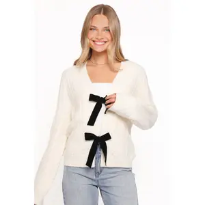 Bree Velvet Bow Cardigan - Cream