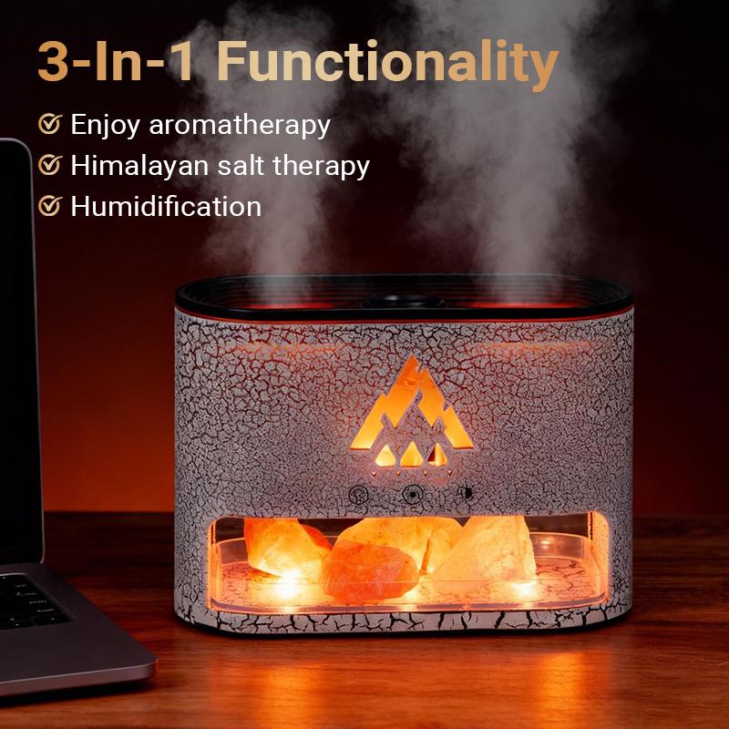 Himalayan Salt Lamp FlameRock 3-in-1 Aromatherapy Machine 250ml Essential Oil Diffuser with Simulated Flame & Jellyfish Mist LED Lighting Cool Mist Humidifier Timer Auto Off for Home Bedroom Office Negative Ions