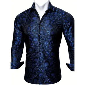 Men's Red & Blue Paisley Floral Shirt - Long Sleeve Button-Up Mandarin Collar, Regular Fit All-Season Formal & Casual Shirt for Work Smart Style