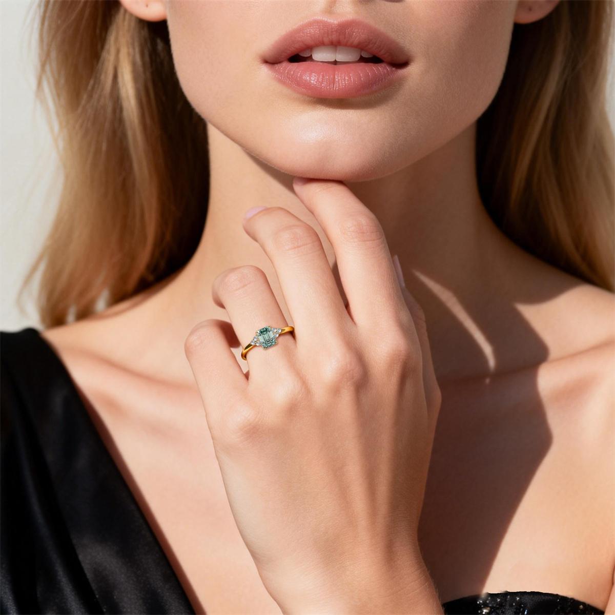 Delzzad 2.2ct Aurora Green Dream Ring Engagement Ring Band Step Cut Synthetic Moissanite Ring Jewelry S925 Perfect Birthday Engagement Wedding Anniversary Christmas Gift