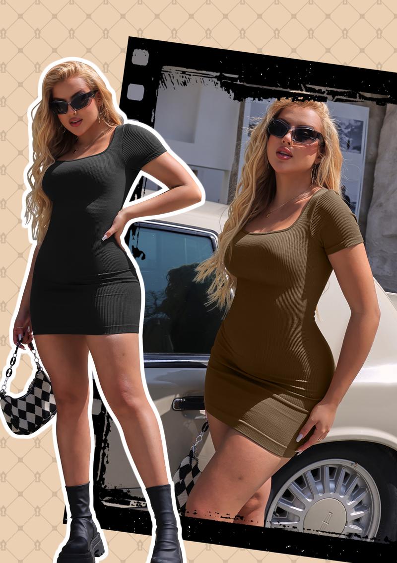 OQQfitness Womenswear Short Sleeve Square Neck Bodycon Dress Lady Summer Casual Wear
