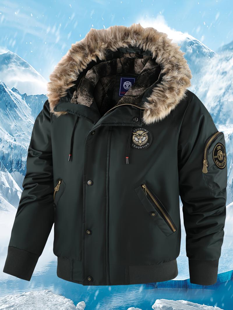 Men's Winter Coat - New Warm Hooded Jacket with Gold Print, Loose Casual Overcoat, Suitable for Cold Weather, Machine Washable, Thick & Comfortable Fleece Lining Menswear Tops