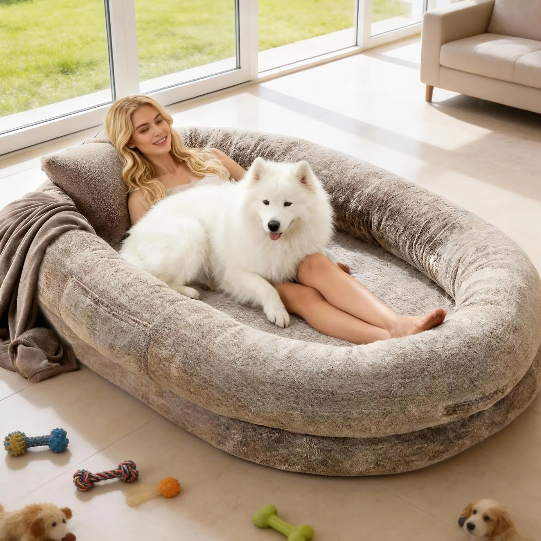 Full Size Faux Fur Orthopedic Cozy Lounger Bed with Detachable Pillow & Blanket, 68''x35''x14'' Machine Washable Indoor Furniture, Easy-Care Gift for Pet Lovers, Ideal for Watch Parties,sohochic sohochic