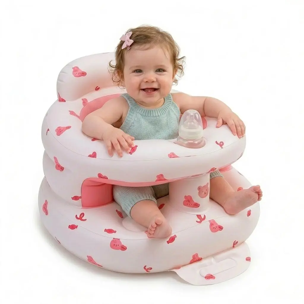 Inflatable Baby Seat with Built-in Air Pump & Tray for 3-36 Months, Infant Feeding Chair, Toddler Floor Seat for Learning to Sit & Camping, Load-Capable Surround Bumbo Chair
