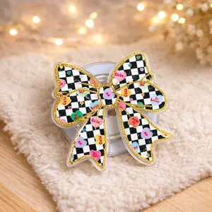 Cute Checker Bow MagSafe Phone Grip, Valentine Candy Hearts Magnetic PopSocket Stand for iPhone & MagSafe Cases