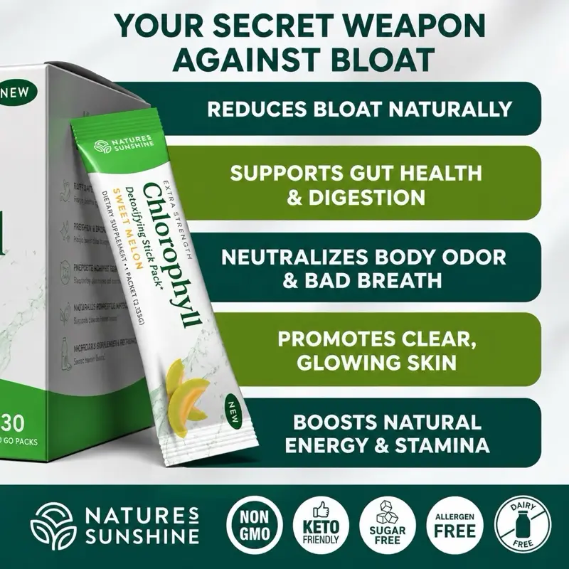 NATURE'S SUNSHINE Extra Strength Sweet Melon Chlorophyll Stick Packs No Sugar. Daily Detox, De Bloat, Clear Skin, Energy Boost, Digestion, Healthcare Supplement
