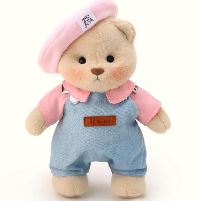 Getahug Pink Beanie Oueralls Bear Handmade Dotted Teddy Bear Gift with Blue Overalls and Pink Shirt ,stuffed animals, plushies