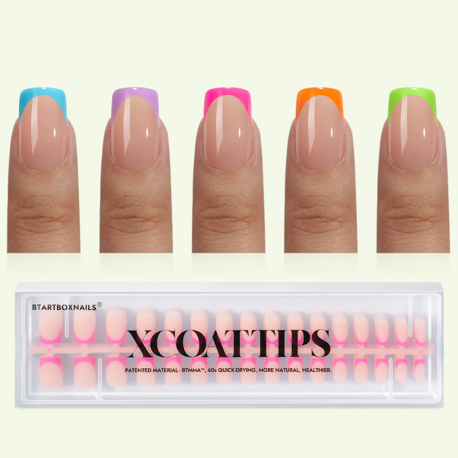 BTArtboxnails XCOATTIPS French Tips - 150pcs Brighter pastel Press On Nails Square or Almond or Coffin, Brighter pastel Short Fake Nails, Soak Off Soft Gel Acrylic Nail Extensions