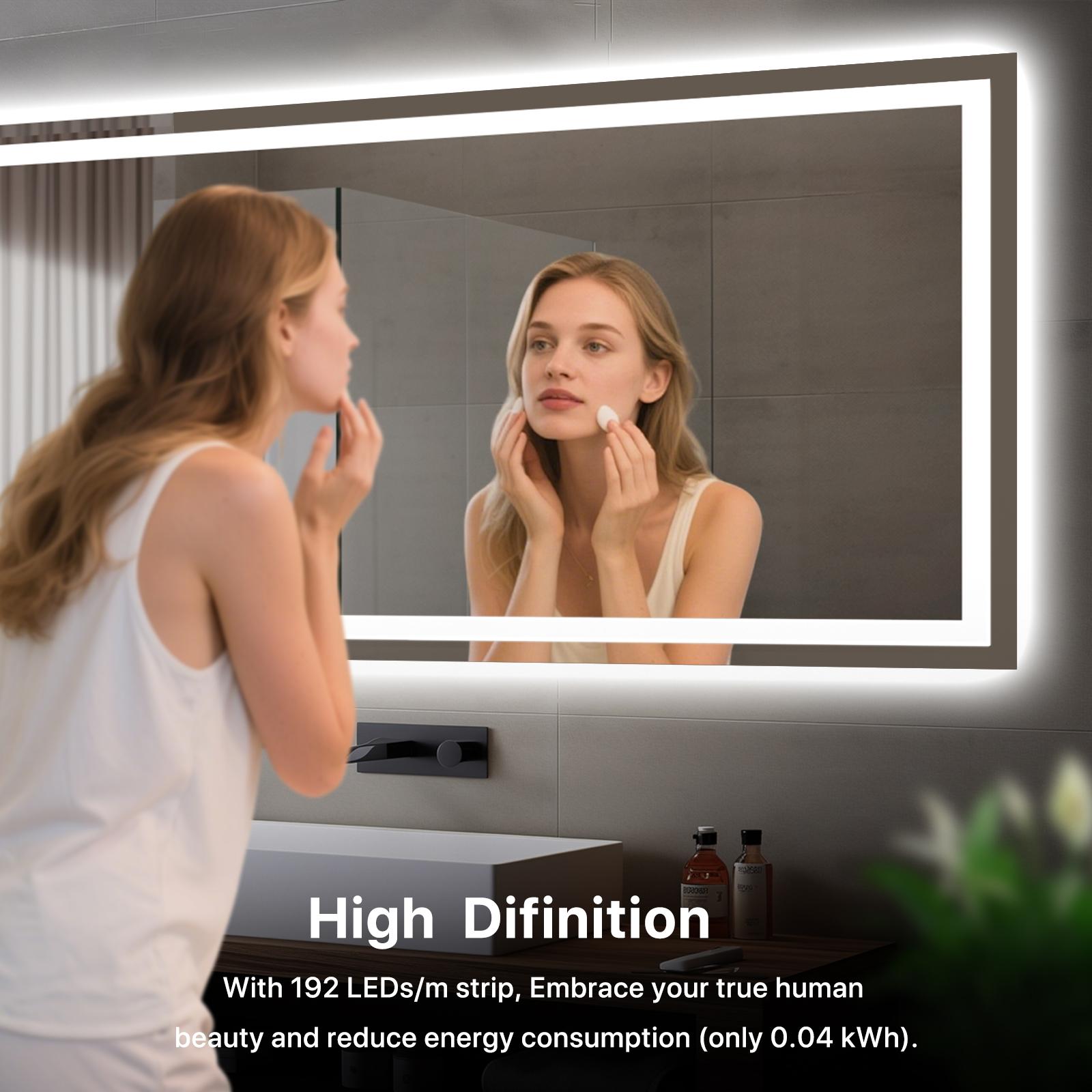 GLITGATE LED Bathroom Mirror Lights, Dimmable Bathroom Mirror with Touch Control, Over Sink Bathroom Mirror with Tempered Glass, 3-Color Options, Wall Mounted, Defogging&Memory Timing Function, Closets, Hallways,Barber Shop