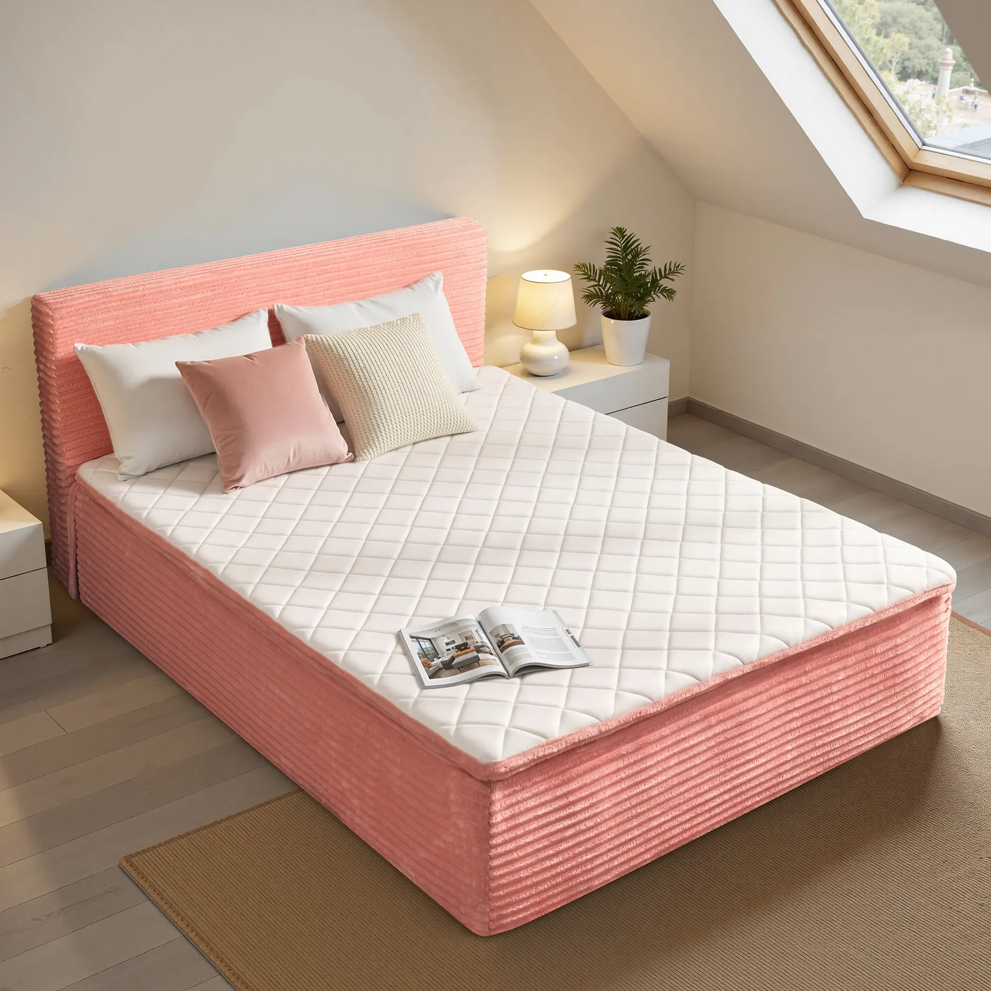 ALTRIGUS Boneless Bed 2-in-1 Fully Sponge Bed Frame, Modern Floor Bed with Breathable Memory Foam Mattress & Headboard, Medium Firm Support, No Assembly Required,Suitable For RVs, Guest Rooms, Apartments, And Offices.