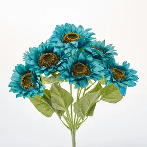Turquoise Blue Faux Floral Sunflower Heads Bush Bouquet - 17"