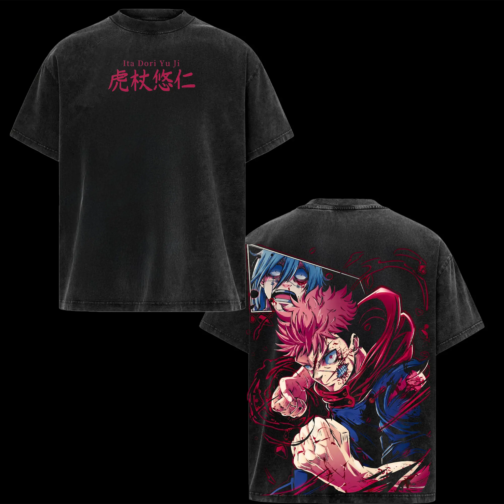 Itadori Yuji Cursed Strike Vintage Washed T-Shirt, Hoodie & Sweatshirt – Jujutsu Kaisen Mahito Battle Graphic Tee, Heavyweight Cotton Oversized Anime Streetwear