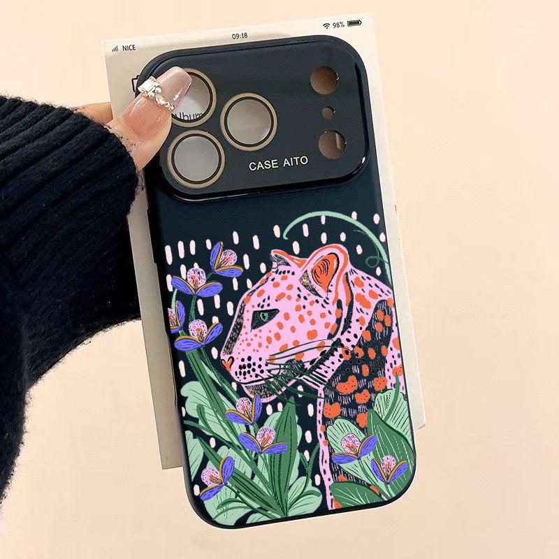 Pink Leopard Art Case for iPhone 17 Pro Max 17Air 17 16E 16 15 14 13 12, Ultra Skin-Friendly TPU, All-Inclusive Glass Lens Protection, Aesthetic Leopard Print Gift, Dopamine Ins Style Solid Color Cover, Shockproof Slim Case, Lens Window Design
