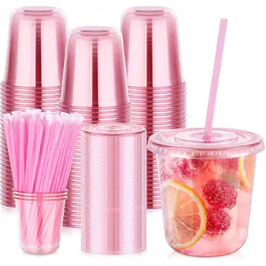 J.C 50 Pack Pink Clear Plastic Cups with Lids and Straws, 12 oz Disposable To Go Iced Coffee Cup for Cold Drinks Smoothie Juice, Rounded Bottom Plastic Cup for Birthday Wedding Meeting Party