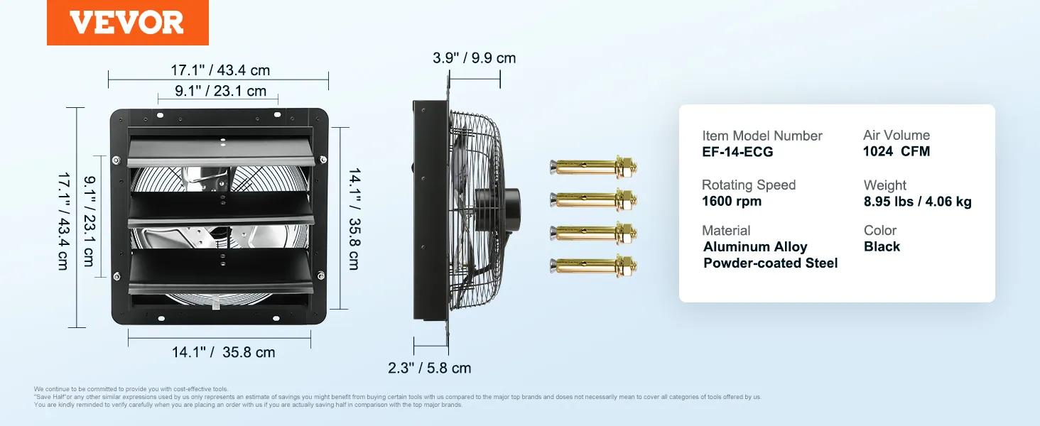 VEVOR Shutter Exhaust Fan, TikTokShopBlackFriday, 16'' with Temperature Humidity Controller, EC-motor, 2650 CFM, 10-Speed Adjustable Wall Mount Attic Fan, Ventilation and Cooling for Greenhouses, Garages, Sheds, ETL Listed  With or without a controller