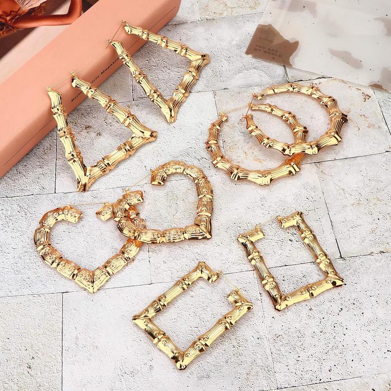 Jstyle 4 Pairs Bamboo Hoop Earrings for Women Large Heart Square Geometric Earrings Oversized Bamboo Hoop Earrings Set Hip-Pop Jewelry Fashion Party Costume Accessory Daily