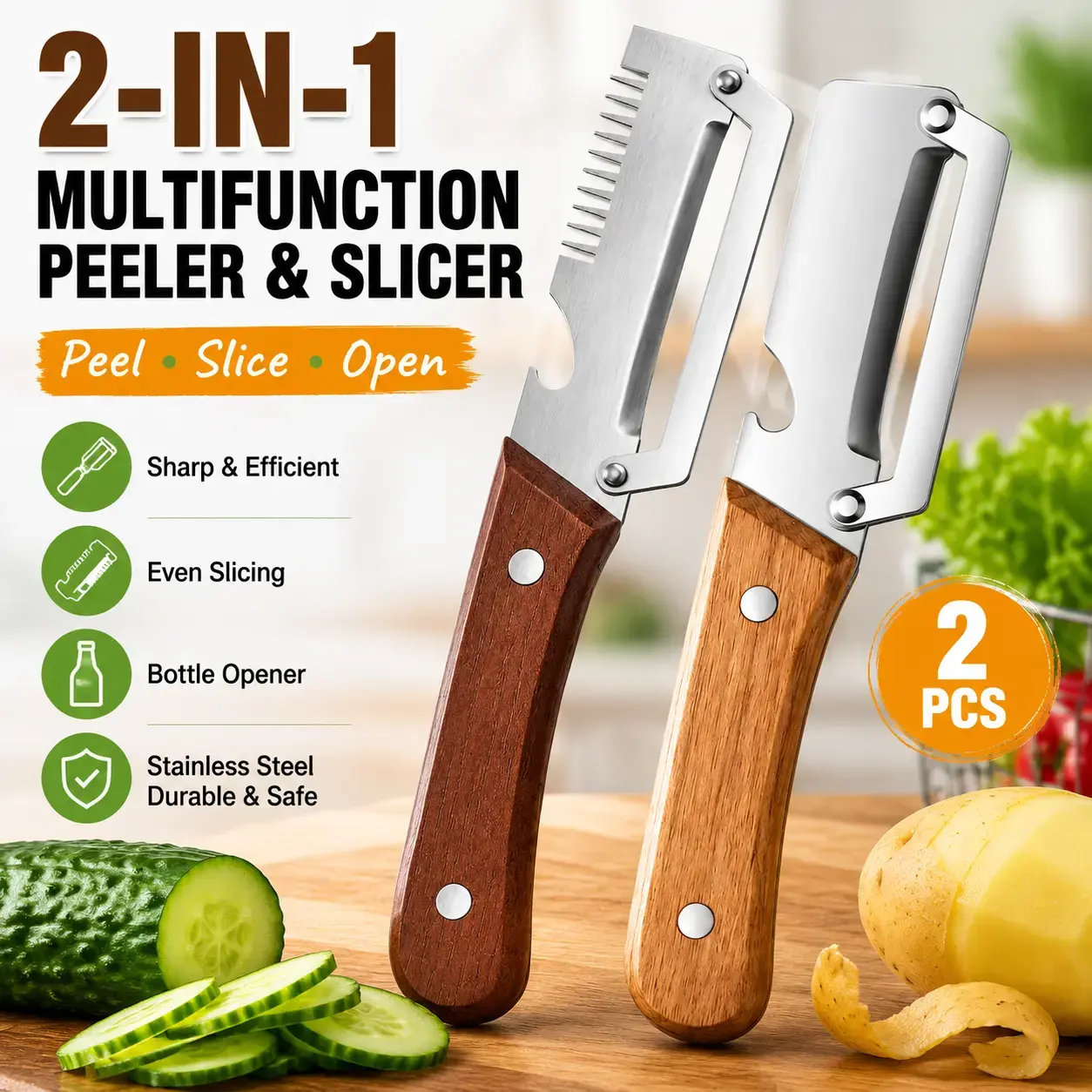 1 Set (2-Piece Set) Compact Wooden Handle Multifunctional Kitchen Utensils with 4-In-1 Vegetable Fruit Peeler - Peeling, Slicing, Scraping, Bottle Opening Functions - Ideal for Home Kitchen Use