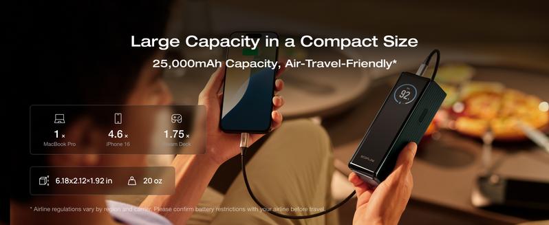 【Exclusive TikTok Gift】ECOFLOW Rapid Power Bank 25,000mAh, 170W Portable Charger with Dual 140W USB-C Ports for Multi-Device Charging, Smart TFT Screen, Compatible with iPhone Series, Samsung, Laptop and More (Green)  Smartphone
