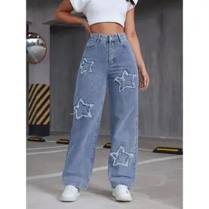 Women's High-Waisted Star Denim Jeans - Straight Leg Light Blue Casual Loose Fit, Machine Washable All-Season Pants with Star Details, Non-Stretch Denim Blend, High Waisted Jeans, Everyday Fashion, Durable Fabric
