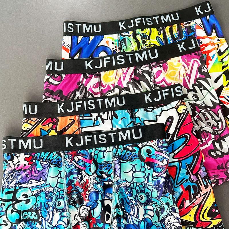 4-piece set of men's long printed boxer briefs, elastic and comfortable casual sports underwear, trendy graffiti-style prints, street style, breathable and thin fabric for sports, fitness, and daily wear Menswear Soft
