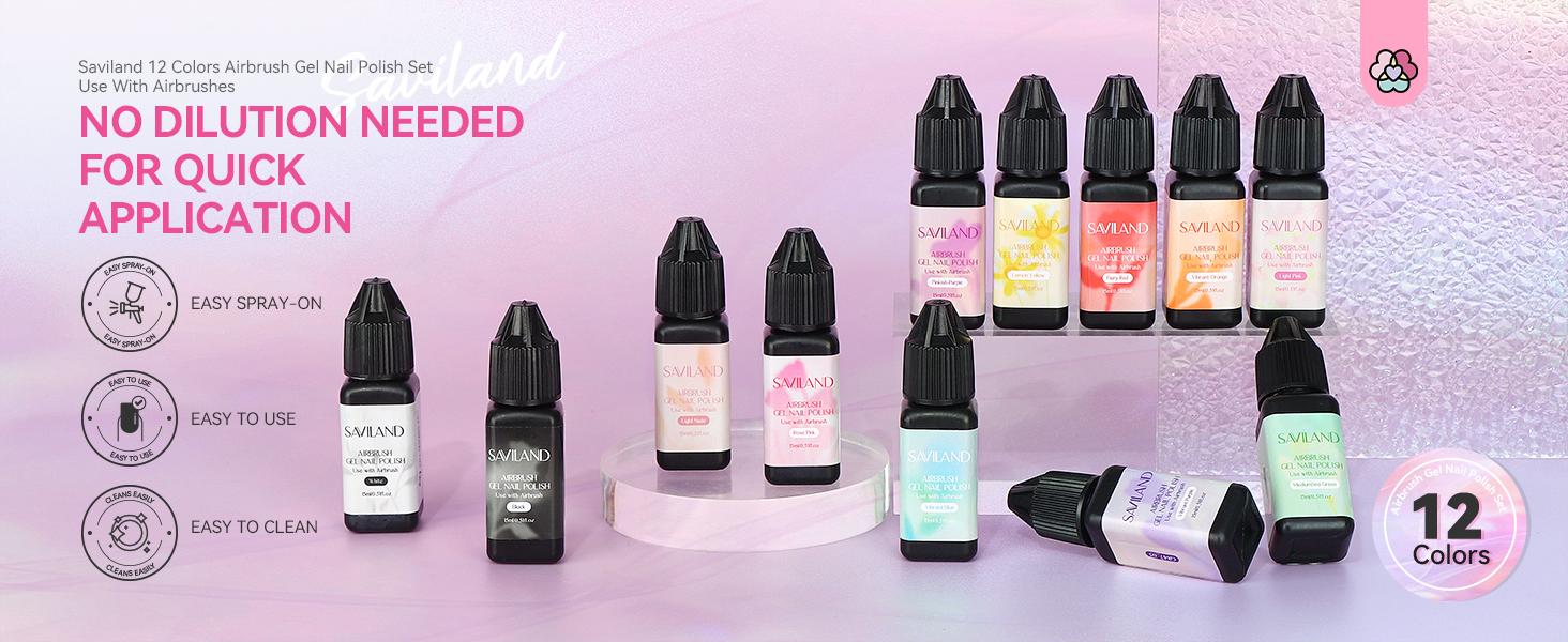 SAVILAND 12 Vitality Colors Airbrush Gel Nail Polish Set with Fine Mist for Color Spray - Nail Art Design Matte Nail Care Christmas Gift