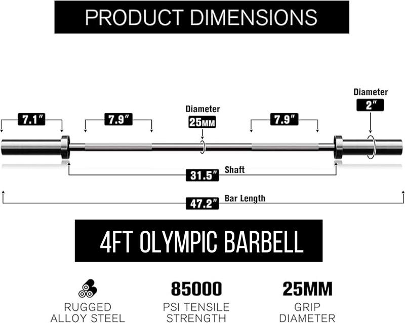 RITFIT Olympic Barbell 4ft/6ft - 2 Inch Weight Bar for Strength Training, Weightlifting, Squat, Deadlift, Bench Press, Curl, Overhead Press - 350lbs/500lbs Capacity