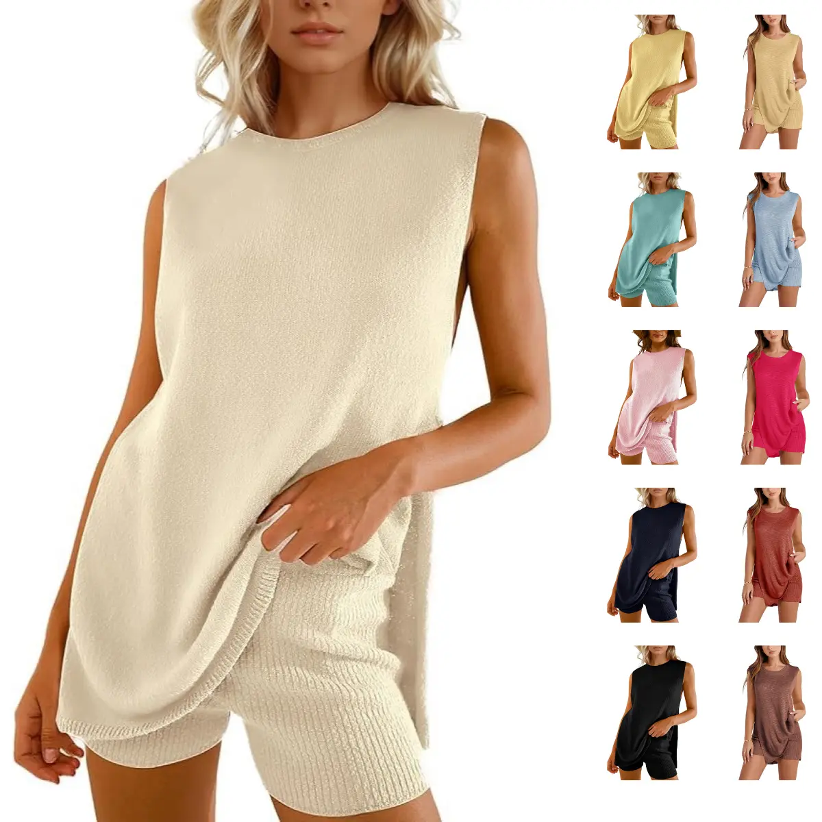 UANEO SummerVibes Women's  2 Piece Outfits Summer Knit Sweater Set Sleeveless  Tunic  Top Matching Shorts Trendy Beach Vacation Sets