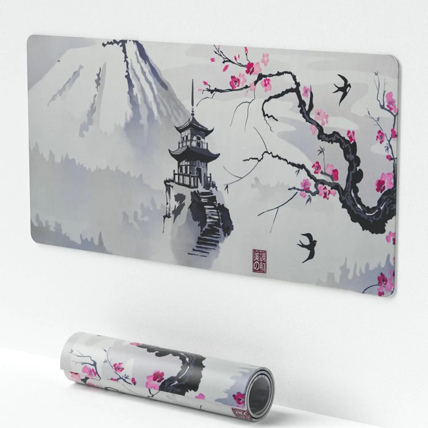 24in x 14in Large White Sakura Japanese Cherry Blossom Extended Mouse Pad - Non-Slip Base, Stitched Edge, Durable Desk Mat, Desktop Protector for Office, Home Computer Accessories, Office Accessories