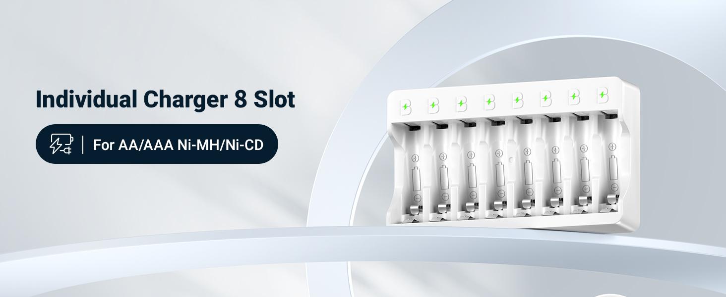 EBL Rechargeable AA Batteries 2800mAh and AAA Ni-MH Rechargeable Batteries 1100mAh with 8-Bay AA AAA Individual Battery Charger