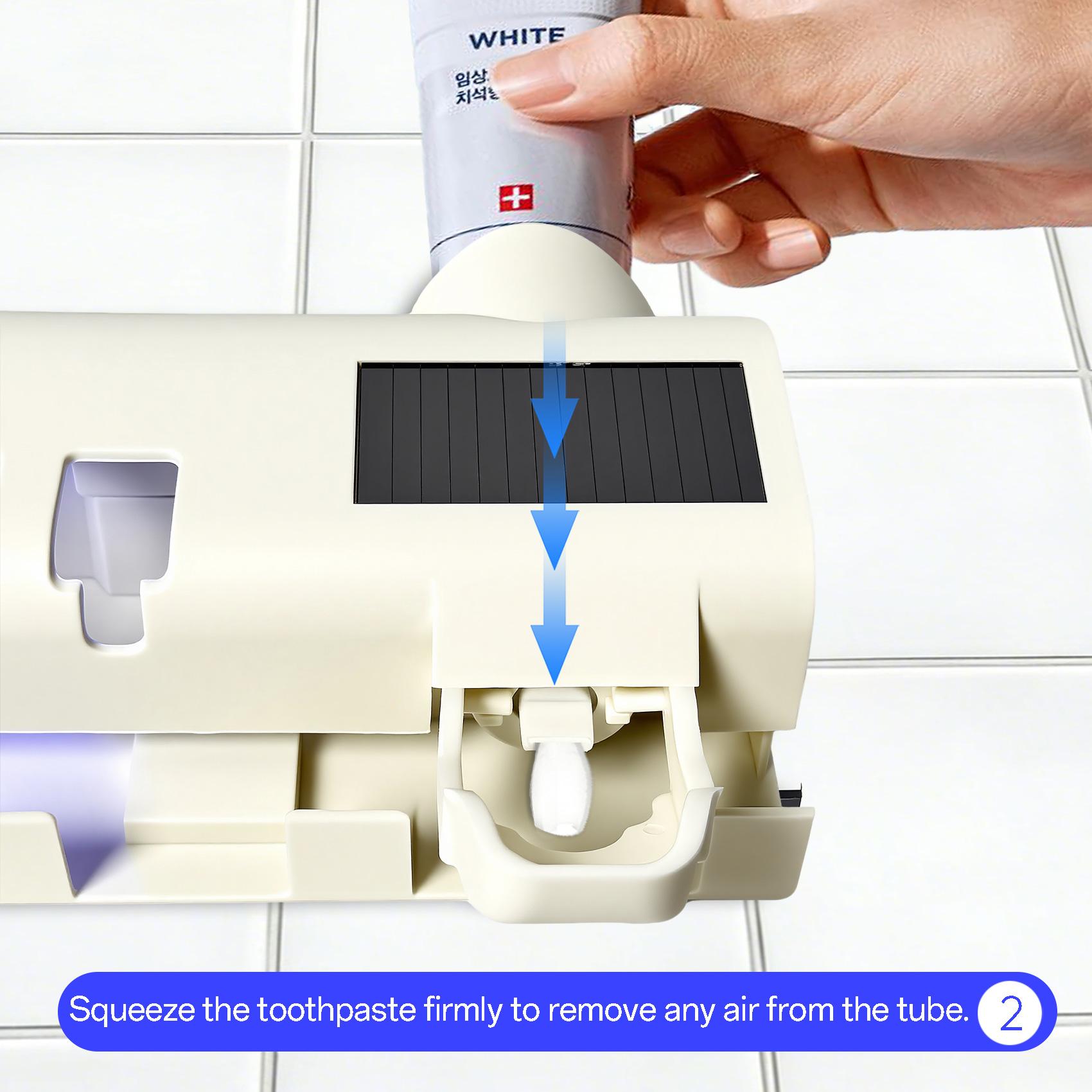 Sanitizing Toothbrush Holder Set, 4-Slot ABS Modern Button Model with Smart Motion Sense & Manual Toothpaste Dispenser - Self-Adhesive No-Drilling Wall Mounted Bathroom Storage Rack for Smooth Flat Surfaces (Compatibility & Smart Design)