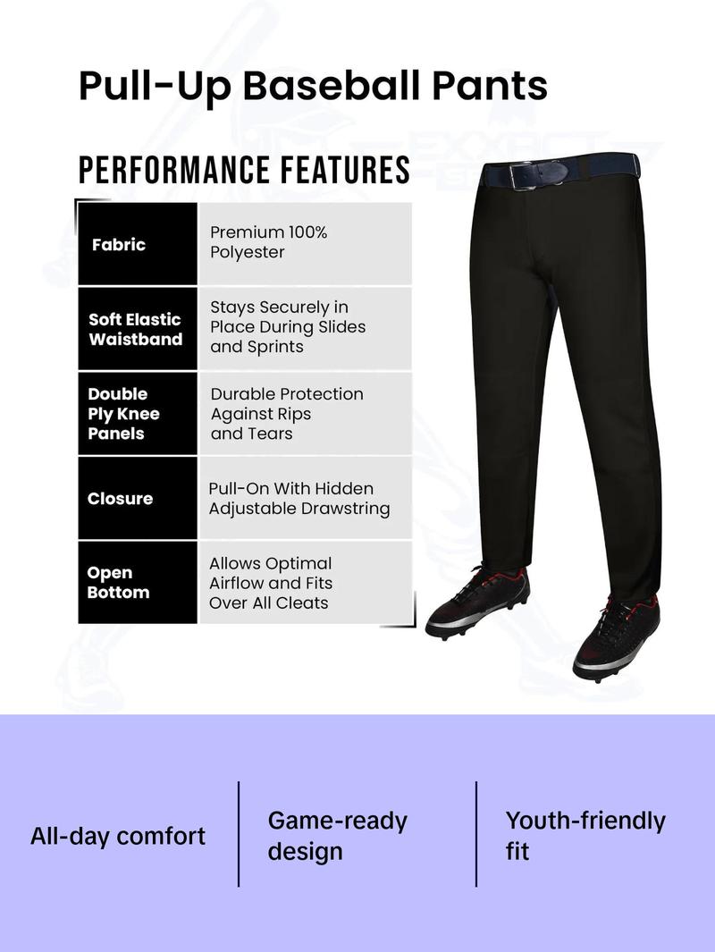 Exxact Sports Pull-Up Youth Baseball Pants with Adjustable Drawstring, Full-Length, No-Fly, Open Bottom Boys Baseball Pants (Black)