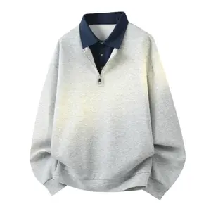 Men’s new spring half-zip long-sleeve sweatshirt; patchwork faux two-piece shirt-collar long-sleeve polo; solid-color versatile long-sleeve half-buttoned lapel top; teen pullover long-sleeve sports top; soft, comfortable fabric suitable for everyday wear.