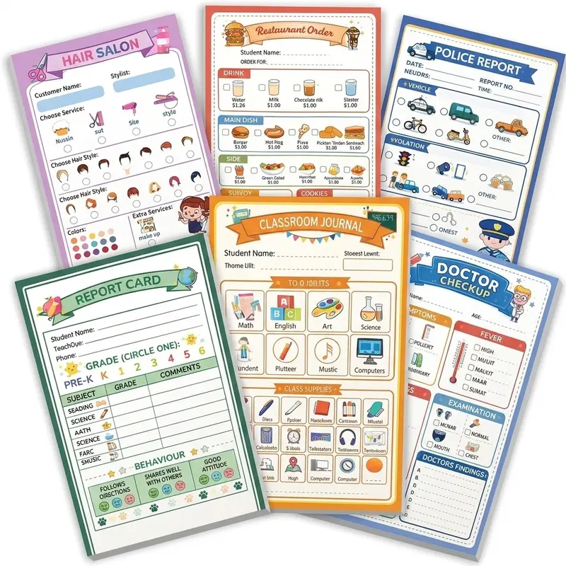 Kids Imaginative Role-Play Notepads 6-Pack - Thick Paper Office & School Stationery, 40 Pages Each, Includes Doctor Visit Chart, Ideal for Learning, Math, Critical Thinking & Writing Activities