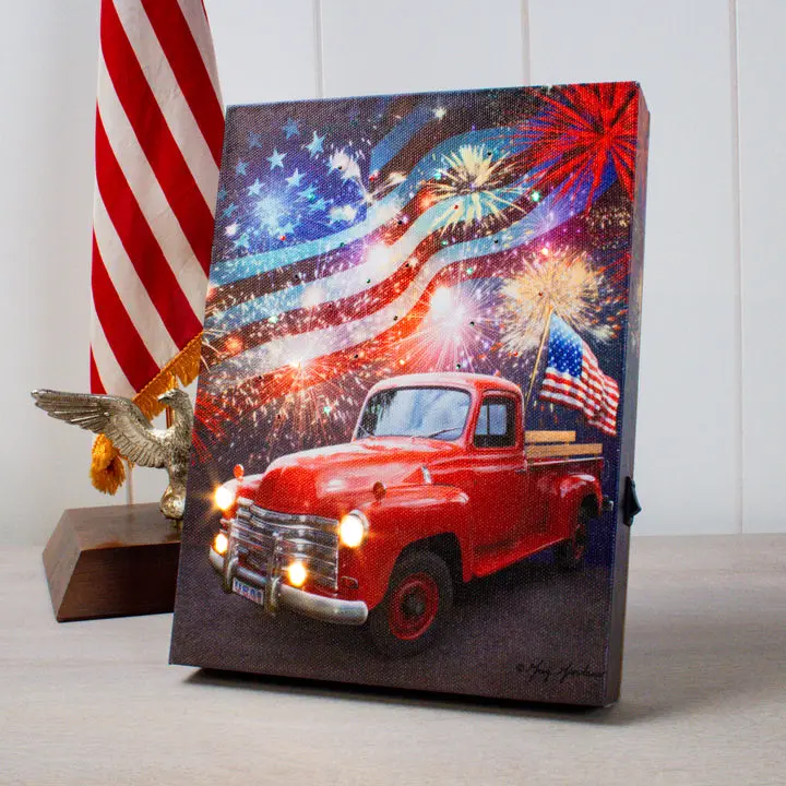 4th of July Fireworks USA Flag Old Red Vintage Pickup Truck  8x6 Lighted Tabletop Canvas Art Home Decor
