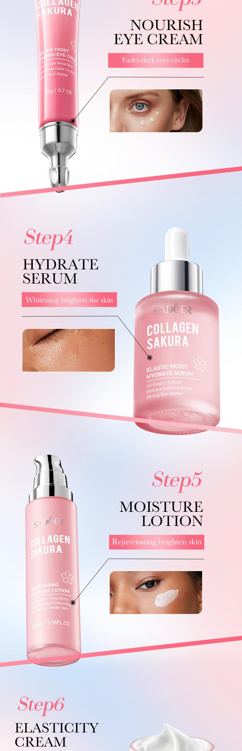Collagen Sakura Moisturizing Revitalizing Six Piece Set - Hydrating Skin Care Kits for Radiant Glow & Plump Smooth Skin