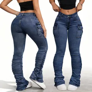 Plus Size Women's Cargo Skinny Jeans Stretchy Denim Pants Y2K High Waisted Bootcut Jeans with Pockets Trendy Multi-Pocket Denim Trousers for Women Classic Women's Pants Street Womenswear