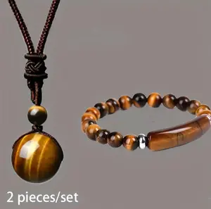 2pcs/set Natural Stone Necklace Bracelet Set Men Women Adjustable Woven Cord Tiger Eye Stone Obsidian Jewelry Set Holiday Gift,Valentine’s Day gift.