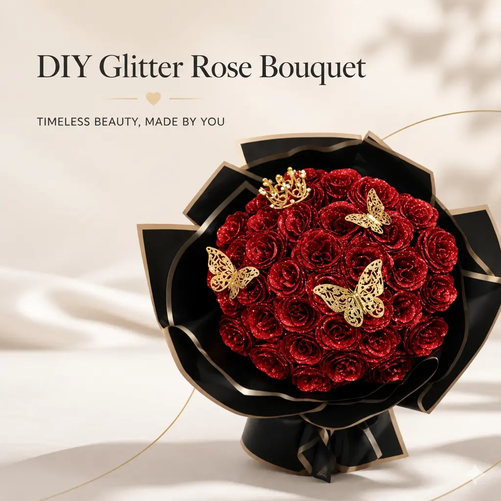 DIY Glitter Roses Bouquet, DIY Fake Glitter Flowers Bouquet, Shiny Artificial Roses Bouquet, Ornaments, Everlasting Shiny Glitter Roses, Mother's Day, Anniversary, Engagement, Wedding, Gifts for Women, 11/24/36 Roses