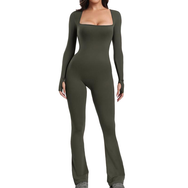 Long Sleeve Flare Wide Leg Jumpsuits Square Neck Full Length Jumpsuits