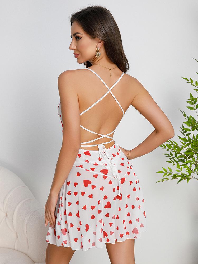 B2LOVER Women Nightgown Sexy V Neck Spaghetti-strap Sleepwear Tie Back Adjustable Backless Pjs Heart-Printed Semi-Sheer Lounge Dress