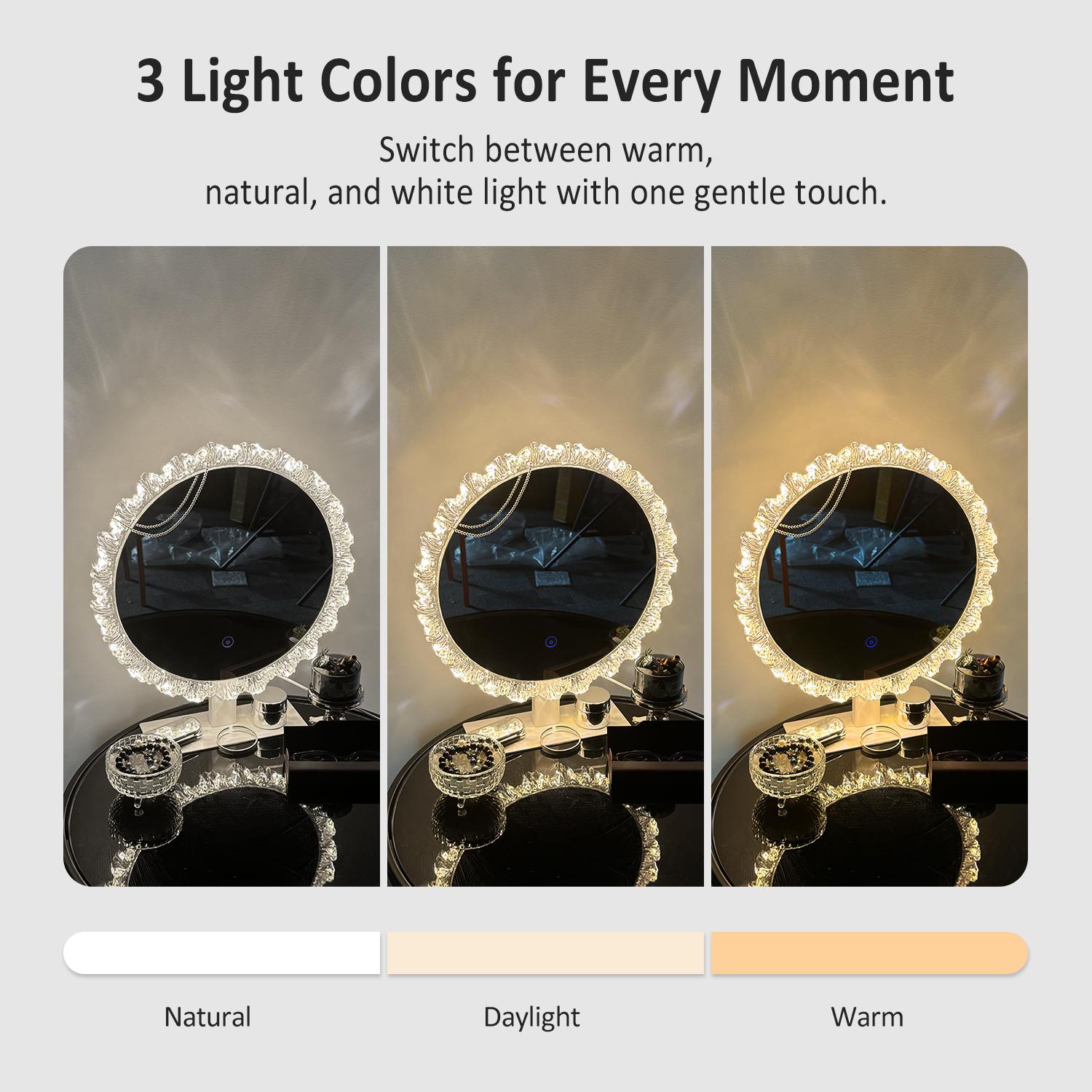 GALENTAL Iceberg Dimmable Round Vanity Mirror with Light, Round Bathroom Mirror With Touch Screen Control, LED Desktop Makeup Mirror, Round Bathroom Mirror For Over Sink,  Adjust Brightness, 3 CCT,Home Decor, Bedroom