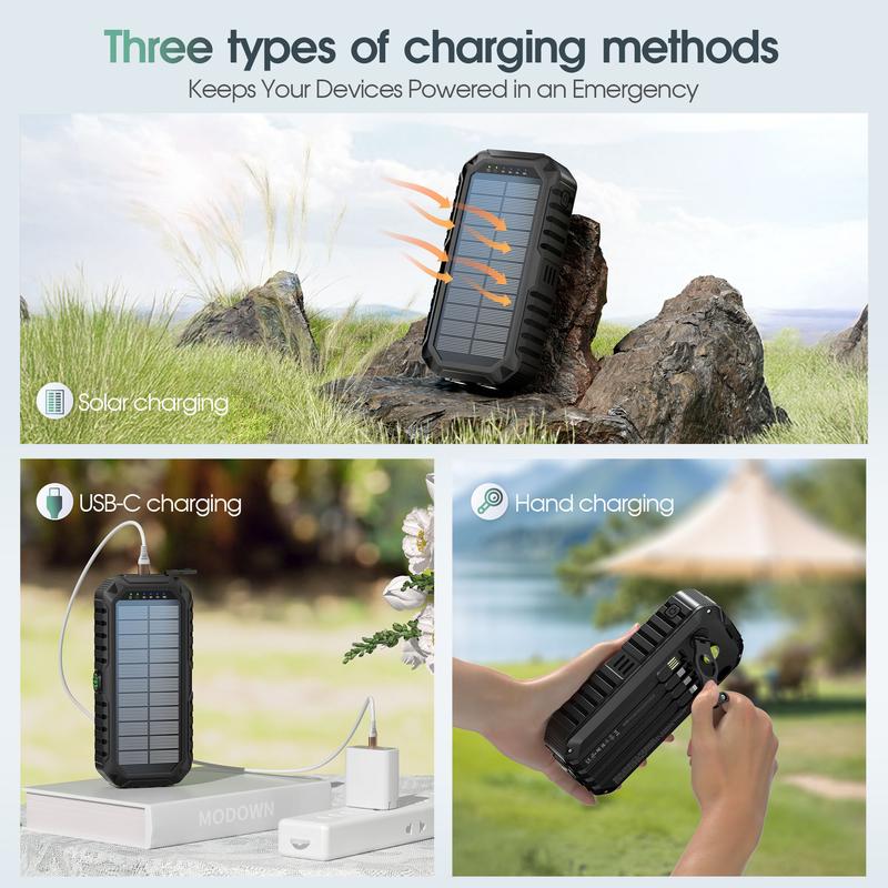 Bodo-Tech 40000mAh Solar Charger Hand Crank Power Bank with 4 Cables Fast PD20W Charging LED Flashlight for iPhone Android Samsung Orange Black