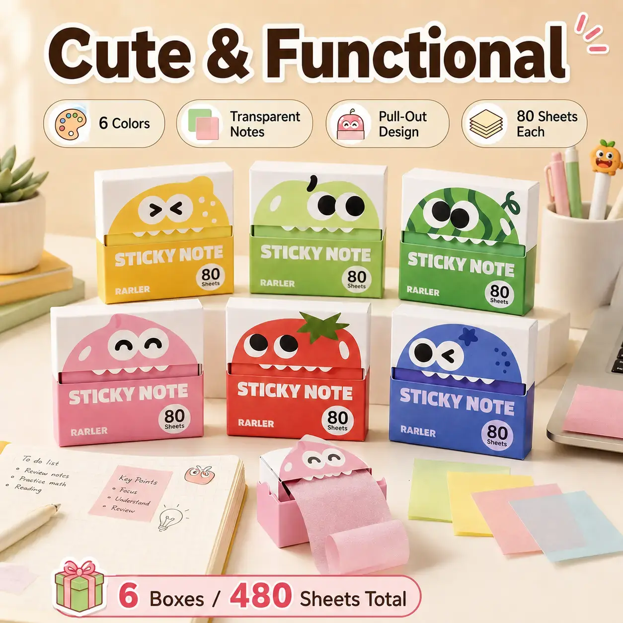 Transparent Pull-Out Glitter Sticky Notes, 12 Boxes 960 Sheets, Reusable Clear Sticky Notes with Strong Adhesion & No Residue, 80 Sheets Per Pad, Self-Dispensing Desk Notes for School, Office, Study, Journaling, Book Annotation & Back to School