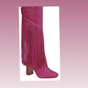 Fuchsia Pink Bling Knee High Boots Fringe