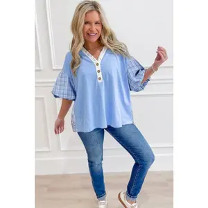 Colorblock Plaid Patchwork Bubble Sleeve Blouse