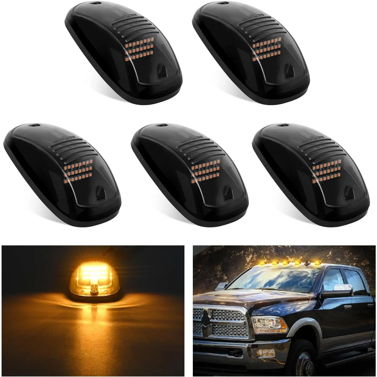 Nilight LED Cab Marker Lights, 5 PCS 24 LED Smoke Lens Amber Clearance Roof Running Lights, Truck & Semi Truck Accessories Compatible with 2003-2018 Dodge Ram 1500 2500 3500 Pickups, Led Car Light, Cab Lights For Trucks
