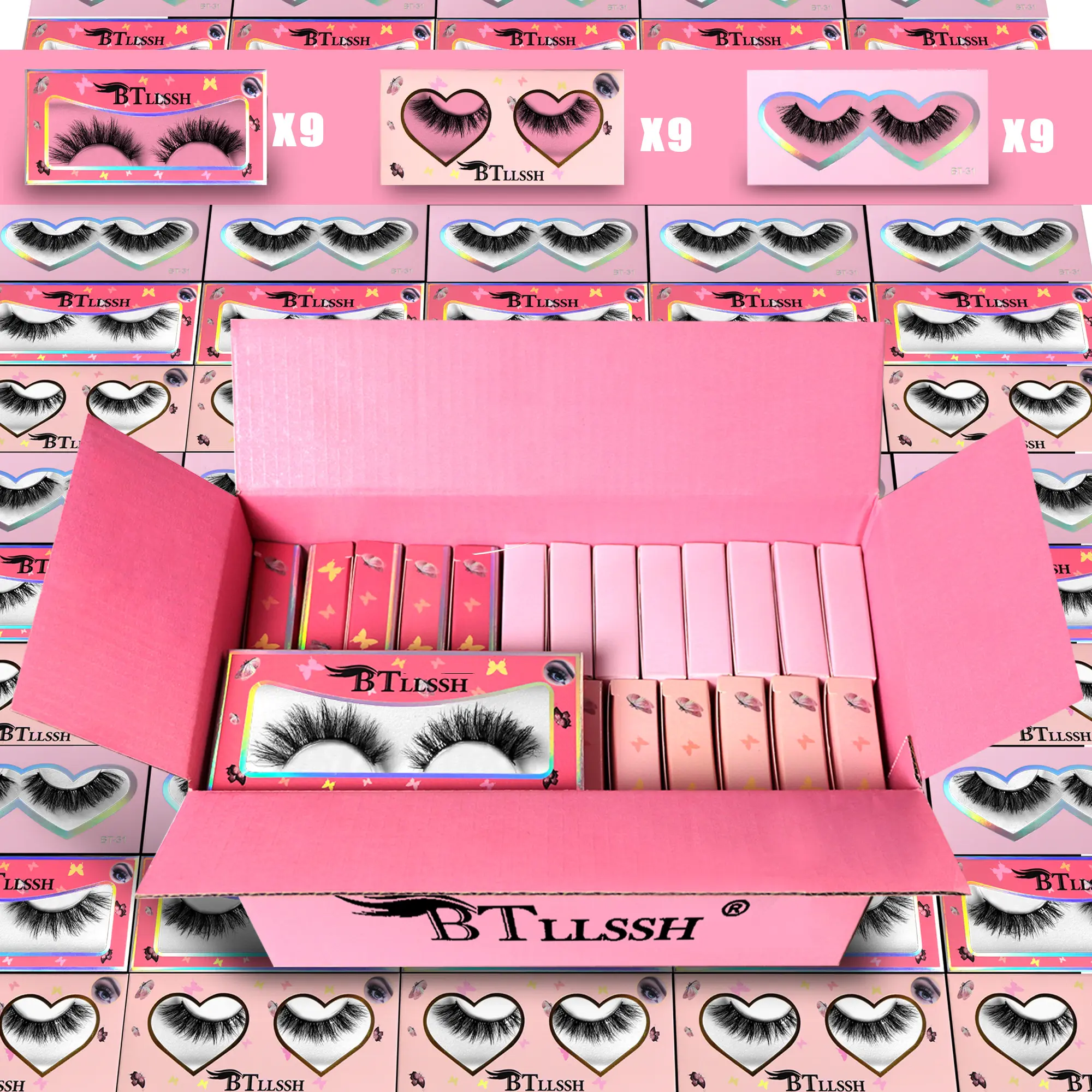 27 Pairs Complete False Eyelashes Btllssh, 3 Styles Exaggerated Dense Voluminous Look, 14/16/19mm, Solid Non-Flammable Liquid, Eyelash Falsies