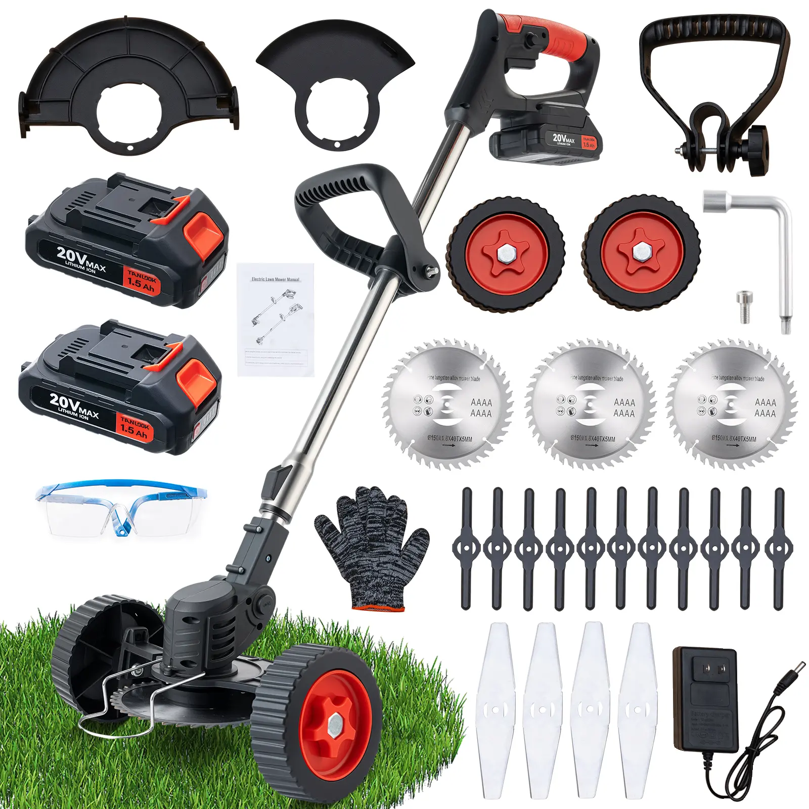 TANLOOK Black Cordless Lawn Mower & Edger with Batteries,Wheels,3 Blade Kits | Lightweight Electric Tool for Home Gardens & Yards | Professional Lawn Care Grass Trimmer Head Cutting Circular Handle Metal,lawntool,lawncare pro Labor Day