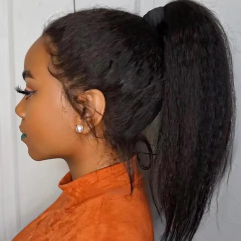Kinky Straight Human Hair 360 Pre Cut Lace Frontal Human Hair Wigs 360 Lace Glueless Wig Invisible Strap Yaki Straight Wig Glueless Human Hair Ready to Wear 3 IN 1 Half Wig With Drawstring Seamless Clip Ins Flip Over 180 Density Can Do Ponytail